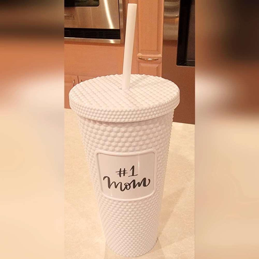 Reusable #1 Mom cup, plastic, 8" tall, white, never used, NWOT